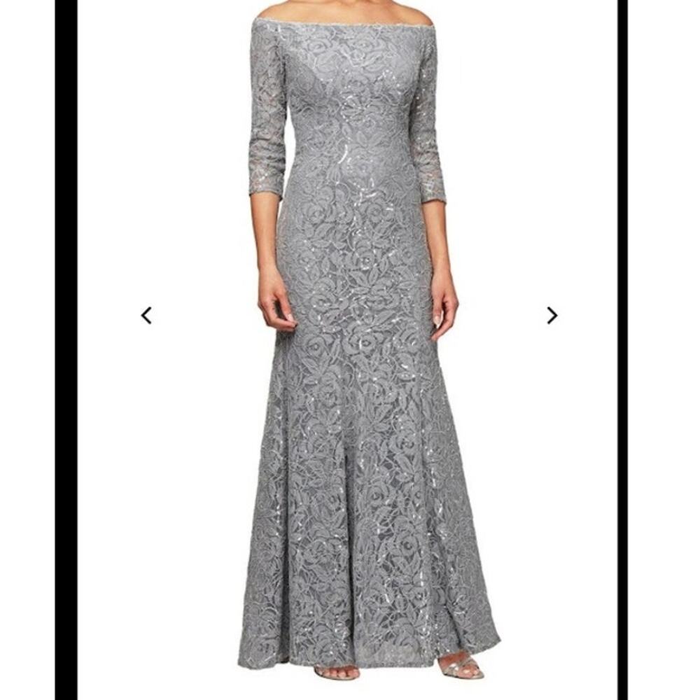 Alex Evenings Off Shoulder Sequins & Lace 3/4 Sleeve Nickel Formal Dress Size 8